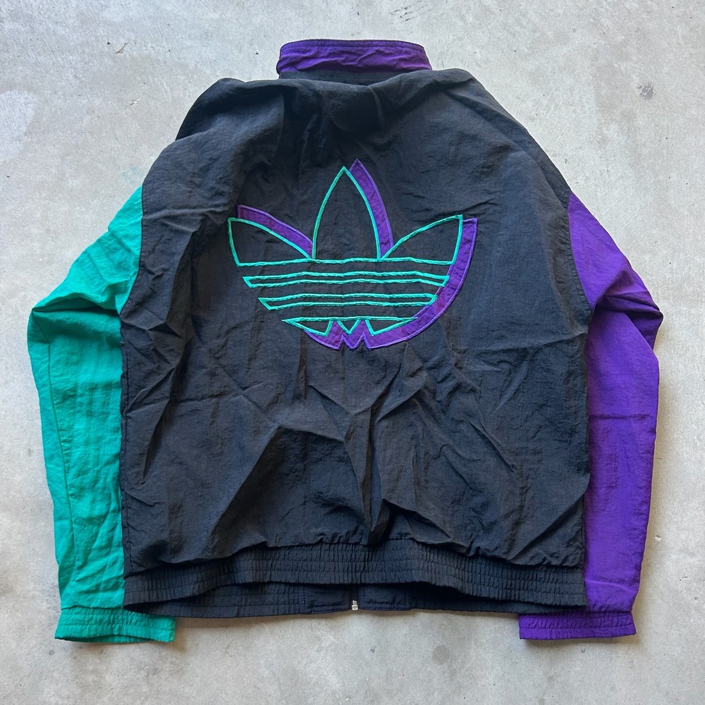 Vintage Adidas Windbreaker Jacket Large Black Purple Teal Trefoil Logo 90s Zip
